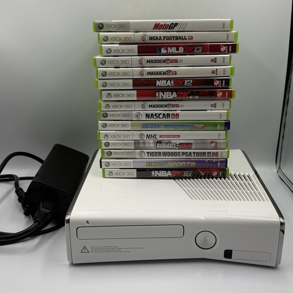 Microsoft Xbox 360 Bundle S Slim White Console Model 1439 15 Games Power Supply